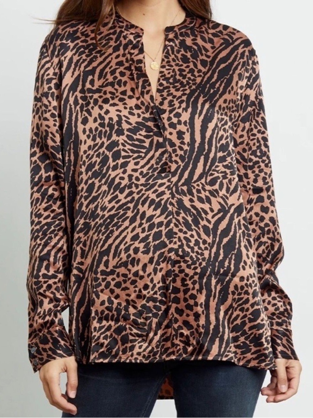 Rails Pearl Blouse Cinnamon Mixed Animal Print Silky Long Sleeve Top XL